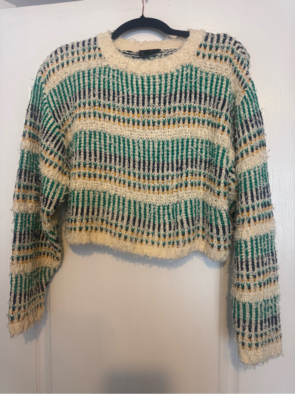 TOP SHOP Cozy Cream & Green Striped Knit Cropped Sweater